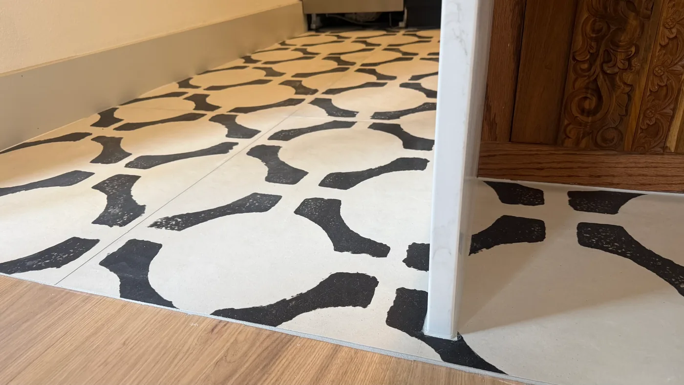 Close detail of black and white patterned porcelain floor tile in Chapel Hill clubhouse